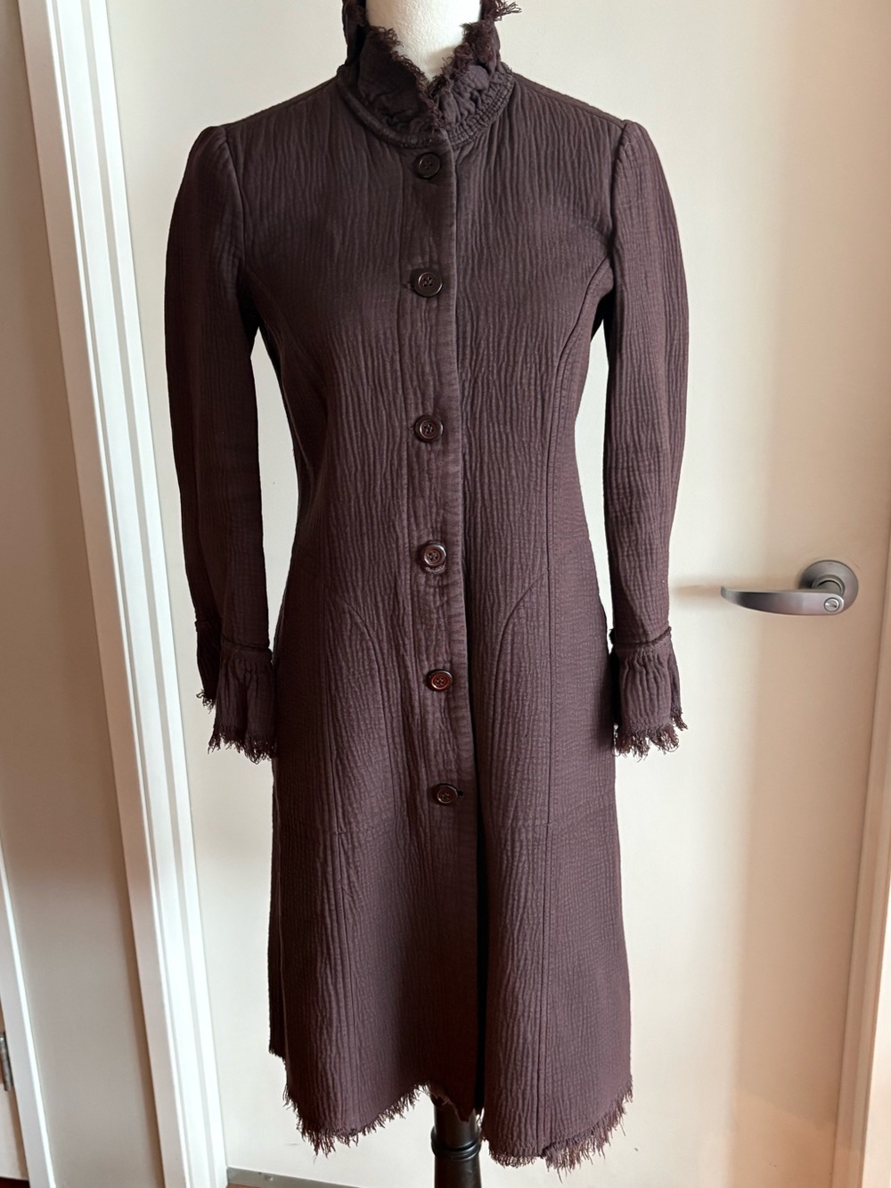 Raquel Allegra Brown Crinkled Gauze Duster Coat Raw Edge Stand Collar Sz 0